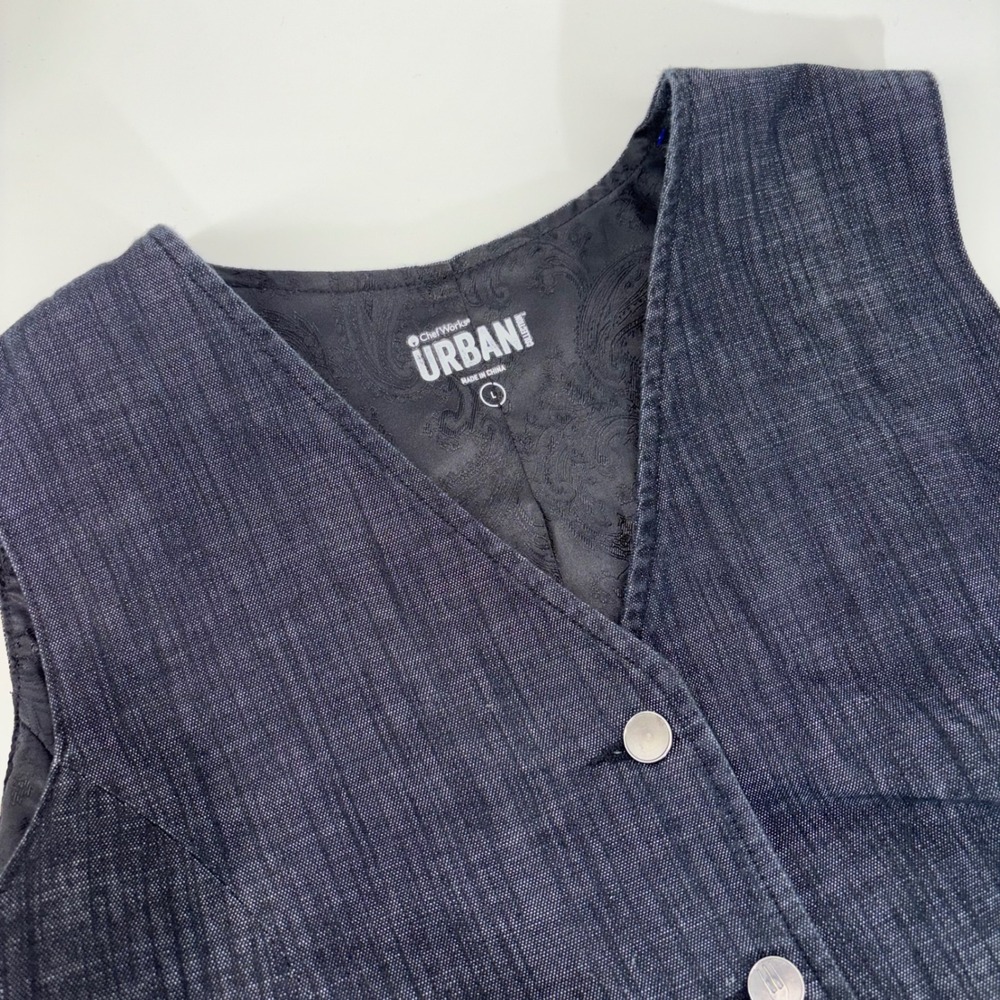 Chef Works Urban Collection Mens Large Black Denim Vest Paisley Lining Cinch‎ Bk